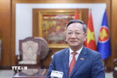 Đại sứ Việt Nam tại Lào Nguyễn Minh Tâm trả lời phỏng vấn. (Ảnh: Xuân Tú/TTXVN)
