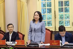 Phó Chủ tịch nước Võ Thị Ánh Xuân, Phó Chủ tịch thứ nhất Hội đồng Thi đua-Khen thưởng Trung ương, Trưởng Ban tổ chức Đại hội phát biểu. (Ảnh: An Đăng/TTXVN)