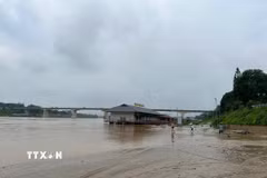 Mực nước sông Lô đoạn qua thành phố Tuyên Quang lên cao. (Ảnh: Hoàng Hải/TTXVN)