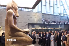 Chủ tịch nước Lương Cường và Phu nhân cùng các đại biểu tham quan Đại Bảo tàng Ai Cập. (Ảnh: Lâm Khánh/TTXVN)