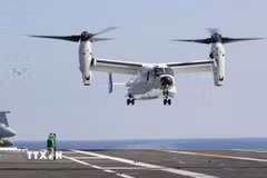 Máy bay CMV22 Osprey của Mỹ tham gia cuộc tập trận chung 3 bên Freedom Edge với Nhật Bản và Hàn Quốc tại vùng biển gần phía Nam đảo Jeju, ngày 14/11/2024. (Ảnh: Yonhap/TTXVN)