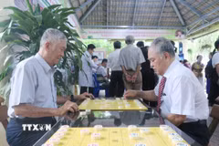 Người cao tuổi phường Bình Phú giao lưu đánh cờ tướng tại Nhà sinh hoạt cộng đồng. (Ảnh: Đinh Hằng/TTXVN)