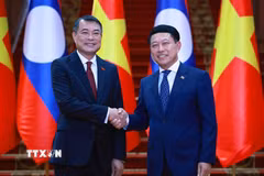 Thủ tướng Lê Minh Hưng và Thủ tướng Lào Saleumxay Kommasith chụp ảnh chung. (Ảnh: Dương Giang/TTXVN)