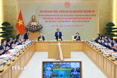 Thủ tướng Phạm Minh Chính chủ trì hội nghị triển khai Nghị quyết của Quốc hội về tháo gỡ khó khăn các dự án và phát triển kinh tế-xã hội vùng đồng bào dân tộc. (Ảnh: Dương Giang/TTXVN)