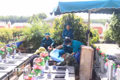 Các lực lượng chức năng tổ chức lấy mẫu ADN tại Nghĩa trang liệt sỹ Đăk Đoa, tỉnh Gia Lai. (Ảnh: Quang Thái/TTXVN)