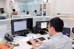 Hoạt động nghiệp vụ của công chức Ban Công nghệ, chuyển đổi số và tự động hóa (Cục Thuế) trong Chiến dịch Làm sạch mã số thuế - Tháo gỡ điểm nghẽn trong kinh doanh. (Ảnh: Phạm Hậu/TTXVN)