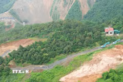 Khu vực đất thuộc Tổ dân phố Cây Xoài, phường Đông Gia Nghĩa (Lâm Đồng) xuất hiện nhiều vết nứt, có nguy cơ sạt trượt. (Ảnh: Nguyễn Huy Thành/TTXVN)