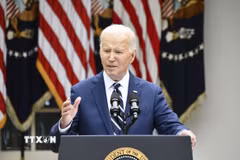 Tổng thống Mỹ Joe Biden phát biểu tại Nhà Trắng ở Washington DC. (Ảnh: Kyodo/TTXVN)