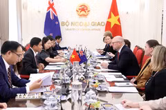 Thứ trưởng Ngoại giao Nguyễn Mạnh Cường và Thứ trưởng Ngoại giao và Thương mại New Zealand Grahame Morton đồng chủ trì Tham khảo chính trị cấp Thứ trưởng. (Ảnh: An Đăng/TTXVN)