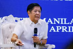 Tổng thống Philippines Ferdinand Marcos Jr. phát biểu tại một cuộc họp báo ở Manila. (Ảnh: Kyodo/TTXVN)