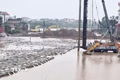 Tuyến đường kết nối di sản văn hoá du lịch và phát triển kinh tế dọc sông Hồng đoạn qua xã Hiệp Cường bị ngập một số đoạn, không thể thi công. (Ảnh: Thế Duyệt/TTXVN)