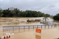 Nước lũ trên sông Trà Khúc dâng cao gây ngập đường vào xóm Lân, xã Tịnh Khê, tỉnh Quảng Ngãi. (Ảnh: Phạm Cường/TTXVN)