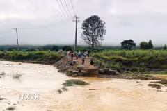 Mưa lớn gây sạt lở, cuốn trôi một đoạn đường dẫn vào cầu Suối Cái (xã Phú Hòa 1). (Ảnh: TTXVN phát)