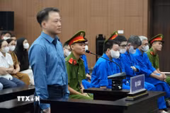 Bị cáo Nguyễn Hòa Bình (tức shark Bình) khai báo tại phiên tòa ngày 31/10. (Ảnh: Kim Anh/TTXVN)