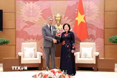 Phó Chủ tịch Quốc hội Nguyễn Thị Hồng đón đồng chí Miguel Mejia, Tổng Bí thư Đảng Phong trào Cánh tả Thống nhất (MIU), Cộng hòa Dominica. (Ảnh: Tuấn Anh/TTXVN)