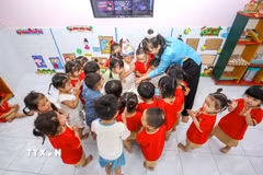 Giáo viên mầm non hướng dẫn trẻ tham gia các hoạt động chăm sóc, giáo dục tại lớp. (Ảnh: Giang Phương/TTXVN)