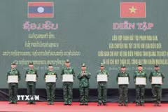 Thiếu tướng Võ Tiến Nghị, Phó Tư lệnh Bộ đội Biên phòng trao tặng Bằng khen của Bộ Tư lệnh Bộ đội Biên phòng cho 2 tập thể và 6 cá nhân có thành tích xuất sắc trong đợt diễn tập. (Ảnh: Võ Dung/TTXVN)