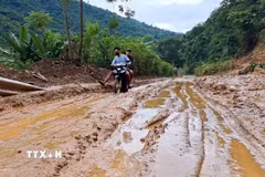 Việc đi lại gặp nhiều khó khăn do sạt lở. (Ảnh: TTXVN phát)