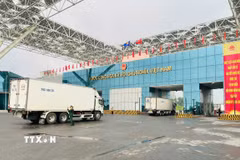 Các xe hàng nối đuôi nhau thông quan qua cầu Bắc Luân 2, Cửa khẩu quốc tế Móng Cái. (Ảnh: Thanh Vân/TTXV)