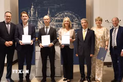 Lễ ký Ý định thư thành lập German Vietnam Hub tại Toà thị chính thành phố Leipzig. (Ảnh: Thu Hằng/TTXVN)