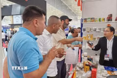 Ông Hoàng Đức Nhuận, Tham tán Thương mại Việt Nam tại Algeria giới thiệu sản phẩm cà phê Việt Nam với khách tham quan. (Ảnh: Mạnh Hùng/TTXVN)