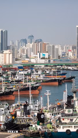 Quang cảnh cảng hàng hóa ở Busan (Hàn Quốc). (Ảnh: THX/TTXVN)