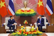 Thủ tướng Lê Minh Hưng hội kiến Nhà vua Vương quốc Thái Lan Maha Vajiralongkorn Phra Vajiraklaochaoyuhua và Hoàng hậu. (Ảnh: Dương Giang/TTXVN)