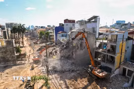 Nhiều cần cẩu cỡ lớn cùng thiết bị chuyên dụng được huy động giải phóng mặt bằng phục vụ dự án cầu Tứ Liên. Ảnh: Lê Đông - TTXVN