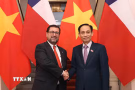 Bộ trưởng Ngoại giao Lê Hoài Trung với Bộ trưởng Ngoại giao Cộng hòa Chile Francisco Pérez Mackenna. (Ảnh: An Đăng/TTXVN)