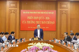 Tổng Bí thư Tô Lâm phát biểu tại phiên họp quý 1/2026 của Ban Chỉ đạo Trung ương về hoàn thiện thể chế, pháp luật. (Ảnh: Thống Nhất/TTXVN)