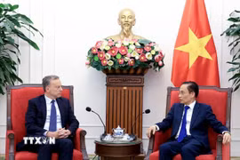 Bộ trưởng Ngoại giao Lê Hoài Trung tiếp Tổng Thư ký Bộ Châu Âu và Ngoại giao Cộng hoà Pháp Martin Briens. (Ảnh: Tuấn Anh/TTXVN)