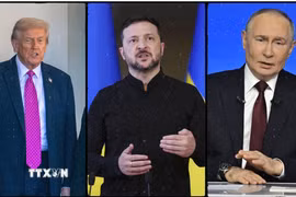 Tổng thống Mỹ Donald Trump, Tổng thống Ukraine Volodymyr Zelensky và Tổng thống Nga Vladimir Putin. (Nguồn: TTXVN phát)
