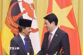 Chủ tịch nước Lương Cường và Quốc vương Brunei Darussalam Haji Hassanal Bolkiah. (Ảnh: Lâm Khánh/TTXVN)