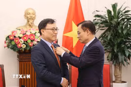 Bộ trưởng Bộ Ngoại giao Lê Hoài Trung trao Kỷ niệm chương "Vì sự nghiệp ngoại giao Việt Nam" cho Đại sứ Hàn Quốc tại Việt Nam Choi Young Sam. (Ảnh: An Đăng/TTXVN)