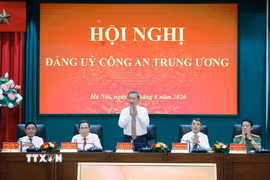 Tổng Bí thư, Chủ tịch nước Tô Lâm và các đồng chí lãnh đạo dự Hội nghị Đảng ủy Công an Trung ương. (Ảnh: Thống Nhất/TTXVN)