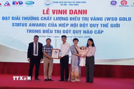 Trao Giải thưởng Chất lượng điều trị Vàng của Tổ chức Đột quỵ Thế giới cho Bệnh viện Đột quỵ và Thần kinh Hà Nội-Thái Bình. (Ảnh: Nguyễn Công Hải/TTXVN)