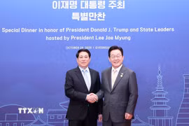Tổng thống Hàn Quốc Lee Jae Myung đón Chủ tịch nước Lương Cường. (Ảnh: Lâm Khánh/TTXVN)