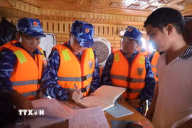 Lực lượng Cảnh sát biển kiểm tra các tàu cá đang hoạt động trên biển trong chuyến khảo sát, nắm tình hình các vùng biển, đảo ven bờ Nam Trung Bộ. (Ảnh: TTXVN phát)