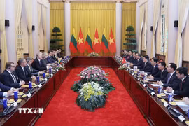 Chủ tịch nước Lương Cường hội đàm với Tổng thống Litva Gitanas Nauseda. (Ảnh: Lâm Khánh/TTXVN)