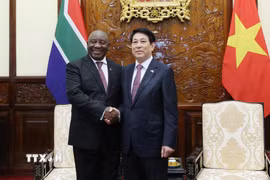 Chủ tịch nước Lương Cường và Tổng thống Nam Phi Matamela Cyril Ramaphosa gặp hẹp. (Ảnh: Lâm Khánh/TTXVN)