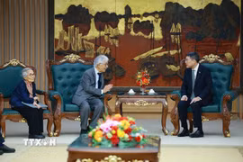 Thủ tướng Lê Minh Hưng tiếp Giáo sư Trần Thanh Vân và Giáo sư Lê Kim Ngọc.(Ảnh: Dương Giang/TTXVN)