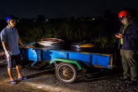 Lực lượng kiểm lâm Tây Ninh phát hiện ông N.V.V điều khiển xe mô tô hiệu Sirius kéo thùng lôi đang vận chuyển 127kg thằn lằn núi Bà Đen trái pháp luật. (Ảnh: TTXVN phát)