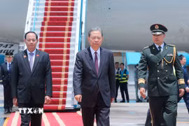 Phó Chủ tịch Quốc hội Trần Quang Phương đón Ủy viên trưởng Nhân đại toàn quốc Trung Quốc Triệu Lạc Tế tại Sân bay quốc tế Nội Bài. (Ảnh: An Đăng/TTXVN)
