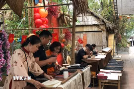 Nghệ nhân làng nghề khắc, in mộc bản Thanh Liễu tham gia nhiều sự kiện văn hóa để giới thiệu, quảng bá những giá trị về làng nghề tới công chúng. (Ảnh: Mạnh Minh/TTXVN)