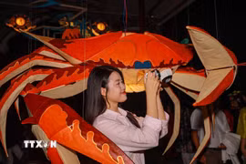 Khách tham quan thích thú khám phá những món đồ chơi gắn với Tết Trung thu truyền thống. (Ảnh: Khánh Hòa/TTXVN)
