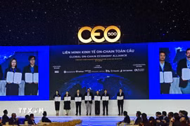 Nghi thức ra mắt Liên minh kinh tế On-chain toàn cầu trong khuôn khổ Diễn đàn Kinh tế mùa Thu năm 2025. (Ảnh: Hứa Chung/TTXVN)