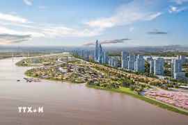 Dự án có tổng mức đầu tư khoảng 855.000 tỷ đồng với quy mô 11.000 ha, kéo dài từ cầu Sông Hồng đến cầu Mễ Sở, thuộc địa giới 19 xã, phường của thành phố Hà Nội, tổng chiều dài khoảng 80km. (Ảnh phối cảnh: Phan Phương/TTXVN)