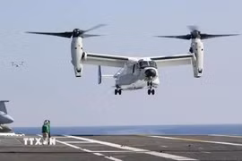 Máy bay CMV22 Osprey của Mỹ tham gia cuộc tập trận chung Freedom Edge giữa Mỹ-Nhật-Hàn tại vùng biển quốc tế ở phía Nam đảo Jeju, Hàn Quốc, ngày 14/11/2024. (Ảnh: Kyodo/TTXVN phát)