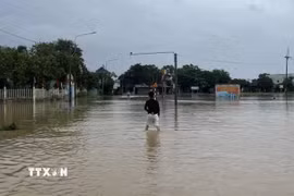Mưa lớn kéo dài khiến làng Vĩnh An, phường Phong Dinh, Huế bị ngập lụt nặng. (Ảnh: Văn Dũng/TTXVN)
