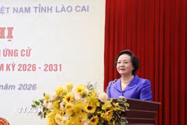 Bí thư Trung ương Đảng, Phó Thủ tướng Chính phủ Phạm Thị Thanh Trà đại diện cho các ứng cử viên phát biểu tại hội nghị. (Ảnh: Tuấn Anh/TTXVN)